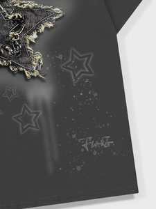 Custom Applique <b>Patchwork</b> Star Men’s <b>Shirts</b> Distressed Cotton Oversized Tshirts for Men Streetwear Graphic Custom Logo 240GSM - Product Image 5