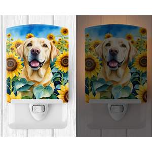 Lámpara Nocturna de Cerámica Compacta Certificada, Nuevo Diseño Multicolor de Girasoles y Labrador Retriever, para Dormitorio, Baño o Guardería - Product Image 2
