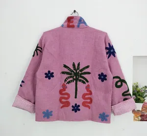 Women Pink Suzani <b>Jacket</b> Handmade Floral Patchwork Cotton <b>Kantha</b> Coat Reversible Bohemian Vintage Artisan Outerwear - Product Image 1