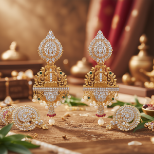 Temple Style Semi Bridal Jewelry Set-Gold Plated American Diamond Zircon Earrings - Product Image 2