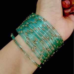 Juego de brazaletes de vidrio verde claro con diseño de flores chapadas en oro, joyería unisex bonita - Product Image 6