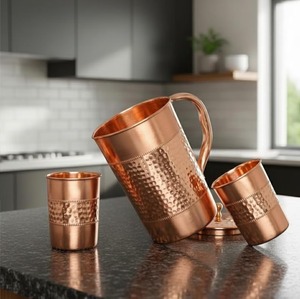 Copper Water <b>Jug</b> Set With Two Tumblers Hammered Finish Modern Design For <b>Drinks</b> Party Use Durable Metal Pitcher 1.5L Capacity - Product Image 4