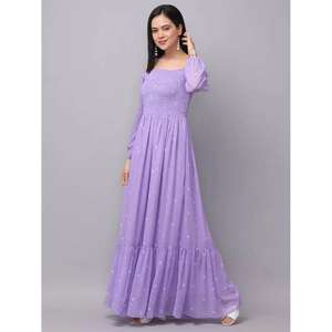 Vestido Maxi Lavanda para Mujer con Hombros Descubiertos, Manga Larga, Cintura Fruncida y Estampado de Puntos, Vestido Casual para Fiesta - Product Image 3