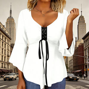 Vente flash sur le t-shirt décontracté pour femme Temu, col en V, manches évasées, laçage sur le devant, idéal pour les sorties décontractées et le quotidien. - Product Image 1