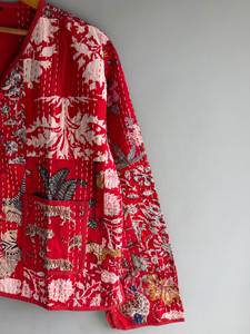 Bohemian Red Cotton <b>Embroidered</b> <b>Jacket</b> <b>Women</b> V-Neck Button Front Full Sleeve Patchwork Pattern Casual Outerwear All Seasons Wear - Product Image 3