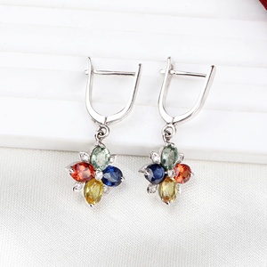 Precious Natural Multi Sapphire <b>Diamond</b> 18k Solid White Gold Handmade Classic Drop <b>Earrings</b> Certified Wedding Engagement Women - Product Image 1