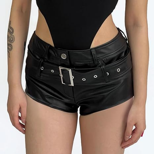 Women's High Waist Black Spandex/Polyester Shorts with Belt Moto Biker Style Breathable Print Skinny Fit - Product Image 2