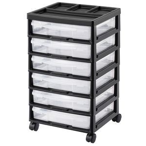 Carrello Portaoggetti a 6 Ripiani di Grande Capacità, Telaio Nero con Organizer Superiore e 4 Ruote Rimovibili, 6 Contenitori Trasparenti - Product Image 1