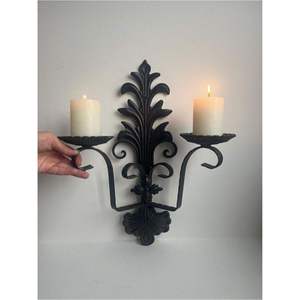 Handcrafted Wrought Iron Scroll <b>Wall</b> <b>Sconce</b> Set Elegant Black Metal <b>Wall</b> Mount Single Arm Pillar Candle Holder Pair Vintage Deco - Product Image 4