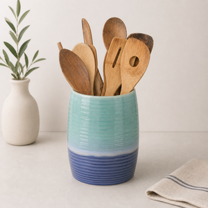 Glossy Stoneware <b>Utensil</b> <b>Holder</b> Dual Tone Finish Ribbed Base Heat Resistant Durable <b>Kitchen</b> Countertop Storage Organizer - Product Image 1