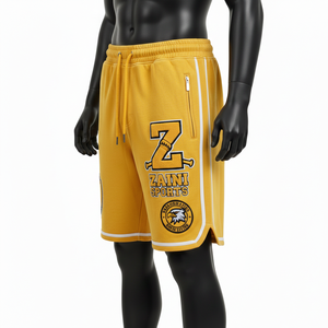 Short de basket-ball en molleton doux coton-polyester, jaune avec empiècements latéraux blancs, broderie chenille, appliqué, logo personnalisé, short en mesh pour homme - Product Image 2
