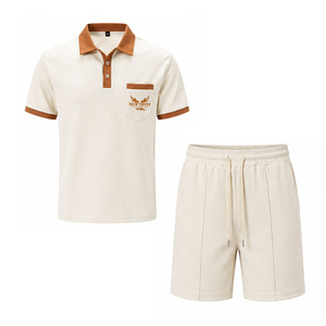 Men's Cotton <b>Waffle</b> Polo <b>Shirt</b> Set With Embroidered Logo Casual Summer Wear Men's Custom Sportswear Summer Shorts Set Breathable - Product Image 1
