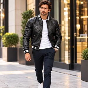 Blouson de baseball de luxe pour homme en cuir noir, motif grain d'autruche, poignets côtelés et fermeture éclair sur le devant, vente en gros, vêtements d'extérieur d'hiver - Product Image 4