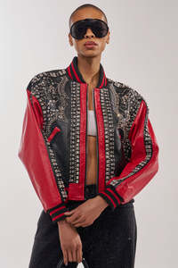 Women's Genuine Leather Bomber Jacket Red Black Crystal Embellished Zipper Closure Full <b>Sleeve</b> Autumn Wear Faux Fur Lining - Product Image 2