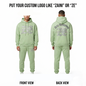 460 GSM Heavyweight Cotton Fleece <b>Men</b> Tracksuit Light <b>Green</b> Heat Transfer Rhinestone Custom Logo Hoodie Sweatpants - Product Image 1