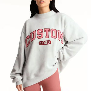 Women's Oversized Crew Neck Sweatshirt Light Blue Custom Letter Print <b>Drop</b> Shoulder Long Sleeve Knitted Cotton Autumn Wear - Product Image 4