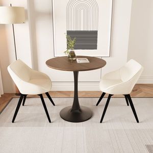 31.5\" <b>Walnut</b> Color MDF Round Dining <b>Table</b> 2 Black Metal Leg Tulip Design 2 Artificial Leather Decorative Chairs-Dining Room Set - Product Image 4