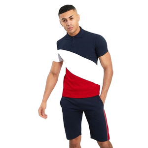 Top Trendy New Strip Style Men's Color Blocking <b>Polo</b> T-Shirt And Shorts Set Casual Breathable Knitted Summer Outfit Navy <b>White</b> - Product Image 1