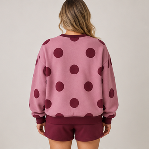 Conjunto Deportivo Casual Personalizado de 2 Piezas para Mujer, con Cuello Redondo y Estampado de Puntos Grandes en Color Rosa Polvoriento - Product Image 2