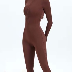 Combinaison gainante taille haute à manches longues unie avec fermeture éclair sur le devant pour femme, effet ventre plat, idéale pour le yoga - Product Image 5