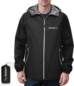 Chaqueta Impermeable Larga con Capucha para Hombre Apexup, Cuello Alto, Ligera, Negra, con Cierre de Cremallera y Logotipo Frontal - Product Image 1