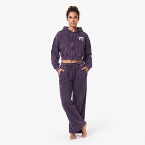 Conjunto Casual de Fabricación al por Mayor para Mujer: Top Corto con Cremallera Completa, Mangas Largas, Hombros Caídos y Sudadera con Capucha, y Pantalones Jogger de Pierna Ancha con Lavado Ácido - Product Image 4