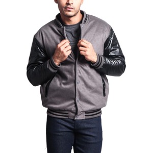 Veste universitaire grise pour homme avec manches en cuir PU, col rabattu, simple boutonnage, style décontracté pour l'automne - Product Image 6