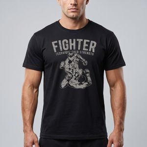 T-shirt noir à manches courtes pour homme Fighter Technique Over Strength, imprimé, col rond, coupe classique, style décontracté - Product Image 1