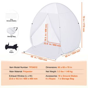 Tente de peinture portable pop-up 60 x 60 x 70 po avec sol intégré, fenêtre d'évacuation, sac de rangement et abri pliable pour peinture au pistolet - Product Image 3