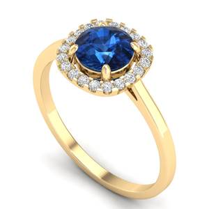 Bague de fiançailles REYES au design classique en or massif 14 carats avec halo de diamants, saphir bleu taille brillant rond de 1 carat, bijou - Product Image 2