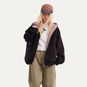 Haute qualité coton Poly mélange unisexe surdimensionné jeunesse mode veste à capuche à carreaux décontracté Streetwear doublé à carreaux sweat à capuche zippé - Product Image 2