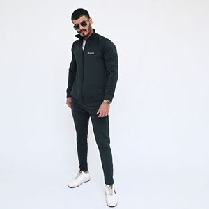 Survêtement vert foncé pour homme, fermeture éclair intégrale, couleur unie, vêtement décontracté avec poches latérales, style automne - Product Image 1