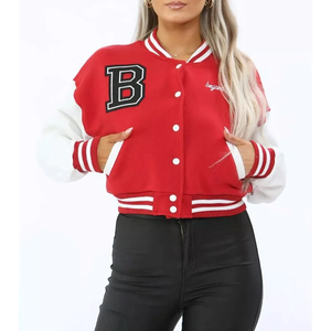 Veste universitaire rouge avec broderie de la lettre B, rayures blanches sur les manches, col rabattu, fermeture à boutons, style preppy, vêtement d'automne - Product Image 1