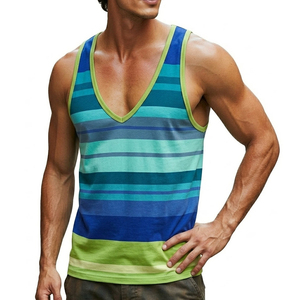Débardeur Homme Rayé Sans Manches Col V Profond Personnalisable Logo OEM Vente en Gros Coupe Slim Respirant Décontracté Vêtements de Plage - Product Image 1