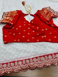 Traditional Indian Georgette Saree <b>Red</b> Embroidered Border White <b>Blouse</b> Wedding Party Wear Women's Bridal Outfit Floor Length - Product Image 3