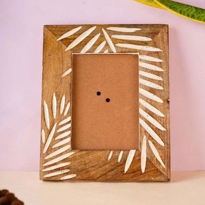 Wood Photo <b>Frame</b> Rectangular 4x6 Inch Rustic Handmade Tabletop Decor with Leaf Pattern White Embossing Printing - Product Image 1
