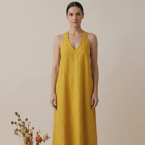 Vestido largo de algodón para mujer al por mayor, sin mangas, cuello en V, ajuste holgado, ropa casual de verano, patrón liso, atuendo transpirable - Product Image 1