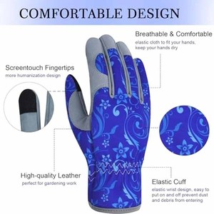 Guantes de Jardinería de Primera Calidad con Estampado Floral Azul, Pantalla Táctil, Palma Acolchada de Gamuza Sintética Gris, Guantes de Seguridad para Exteriores - Product Image 2