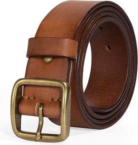 Ceinture en cuir de vachette marron avec boucle rectangulaire en cuivre, design décontracté et durable - Product Image 1