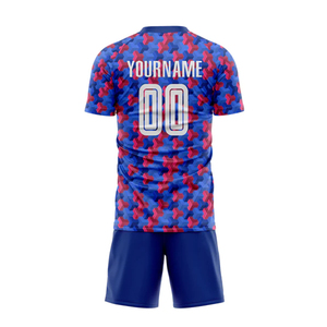Conjunto de Uniforme de Fútbol Sublimado Geométrico Azul y Rojo Personalizado, Uniforme de Fútbol de Manga Corta de Secado Rápido Unisex para Adultos - Product Image 4