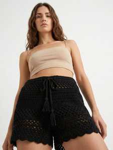 Shorts en flanelle à carreaux pour femmes, taille mi-haute, cordon de serrage, coupe régulière, style décontracté avec volants, motif blanc, rose, noir - Product Image 4
