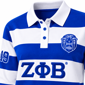 Camiseta de Rugby Zeta Phi Beta para Mujer, Azul Rey con Rayas Blancas Anchas, Manga Larga, Cuello Polo, Letras Griegas Bordadas, Escudo de la Hermandad - Product Image 5
