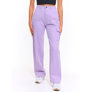 Pantalones Cargo Lavanda para Mujer, Cintura Media, Corte Holgado, Largos, Color Sólido, Estilo Casual, con Bolsillos, 100% Algodón, Transpirables, Pierna Ancha - Product Image 3