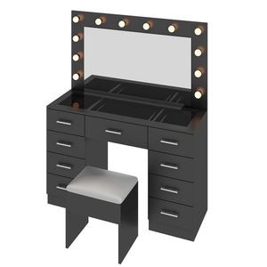 Large Lighted 12 LED <b>Mirror</b> <b>Makeup</b> Vanity Desk Set with 9 Drawers Glass Top Dressing Vanity Table with Power Outlet - Product Image 3