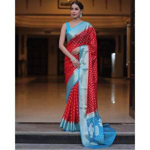 ผ้าส่าหรีผ้าไหม zari ทอสีแดงดูหรูหรา - Product Image 1