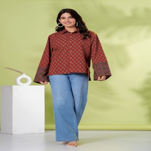 Women <b>Rust</b> Printed Shirt <b>Top</b> Ethnic Casual Button Down Ladies Tunic with Bell Sleeves - Product Image 1