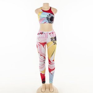 Conjunto de Yoga con Estampado Floral para Mujer, 2 Piezas, Leggings de Cintura Alta, Top Corto, Espalda Cruzada, Spandex, Poliéster, Ropa Deportiva Elástica de Longitud Completa - Product Image 1