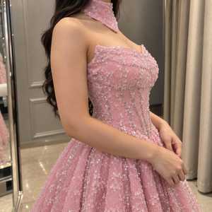 Pink <b>Ball</b> Gown Women Designer Evening Dress Embellished Lace Sequin Floral Beaded Corset Bodice Off-Shoulder Sweetheart Neckline - Product Image 4