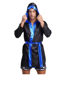 HAWK SPORTS INDUSTRIES Robe de boxe à capuche en satin noir avec ceinture bleue, durable, confortable, en polyester, pour entraînement MMA et Muay Thai - Product Image 3