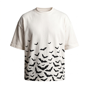 Camiseta Gráfica Oversize de Algodón Pesado con Estampado de Murciélago Volador Vintage para Hombre, Estilo Casual Urbano de Halloween, con Hombros Caídos y Cuello Redondo - Product Image 1